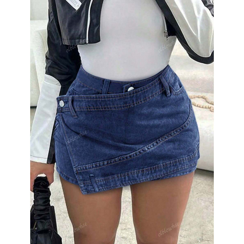 Jeans din denim spălat, margine asimetrică, talie dublă, șiret de talie, croială dreaptă