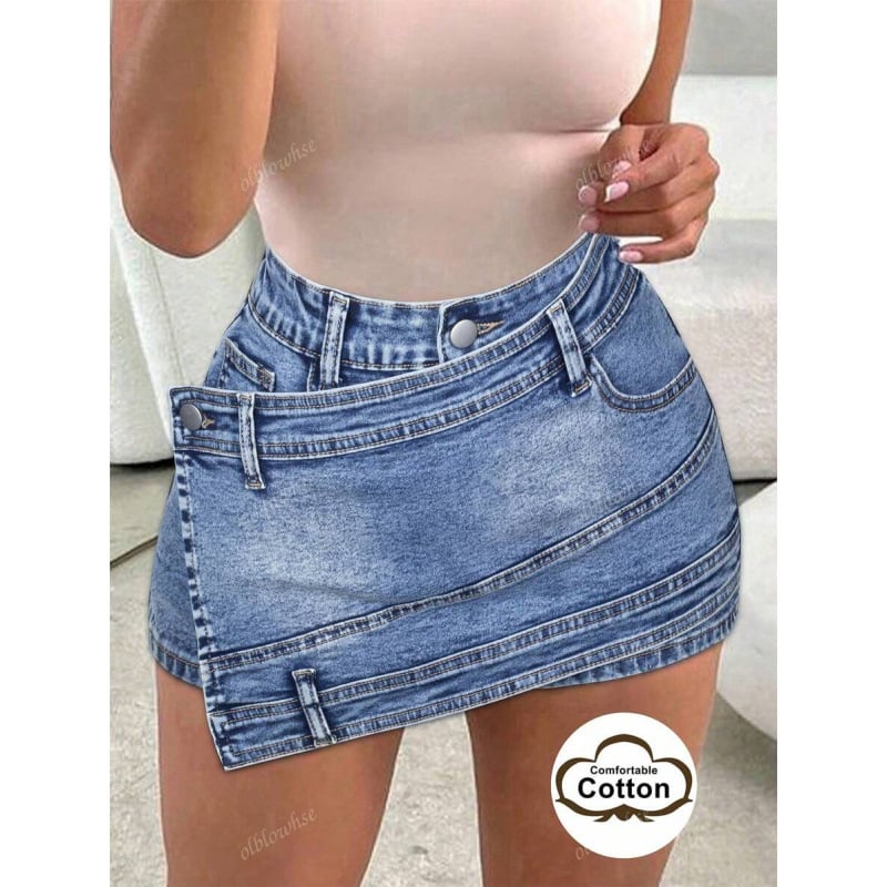 Jeans din denim spălat, margine asimetrică, talie dublă, șiret de talie, croială dreaptă