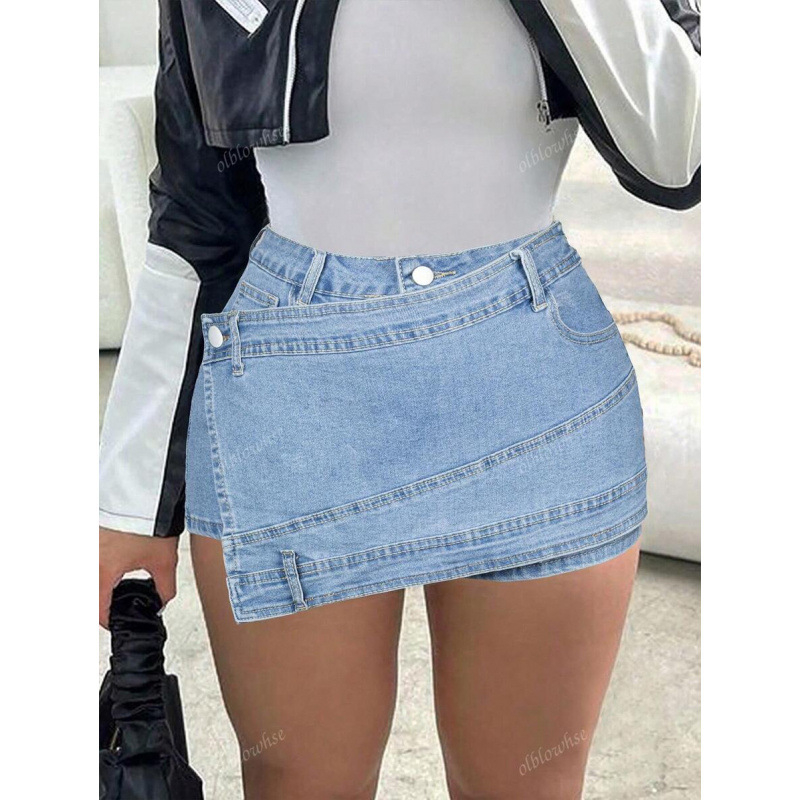 Jeans din denim spălat, margine asimetrică, talie dublă, șiret de talie, croială dreaptă