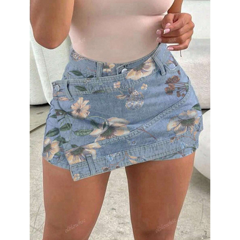 Jeans din denim spălat, margine asimetrică, talie dublă, șiret de talie, croială dreaptă