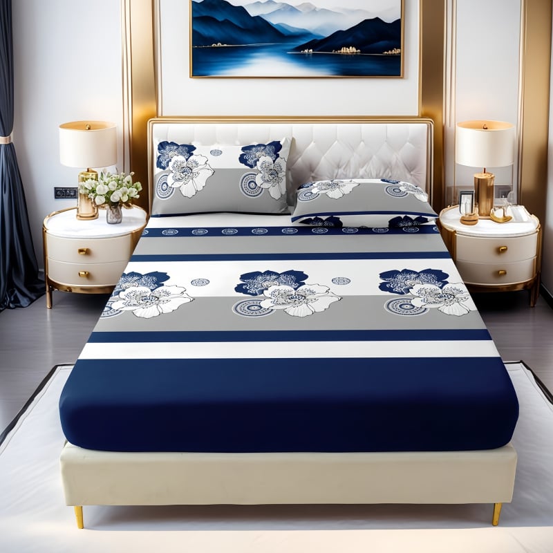 Set de trei piese de lenjerie pentru pat, From Whale, fibră chimică, imprimare digitală, model în dungi