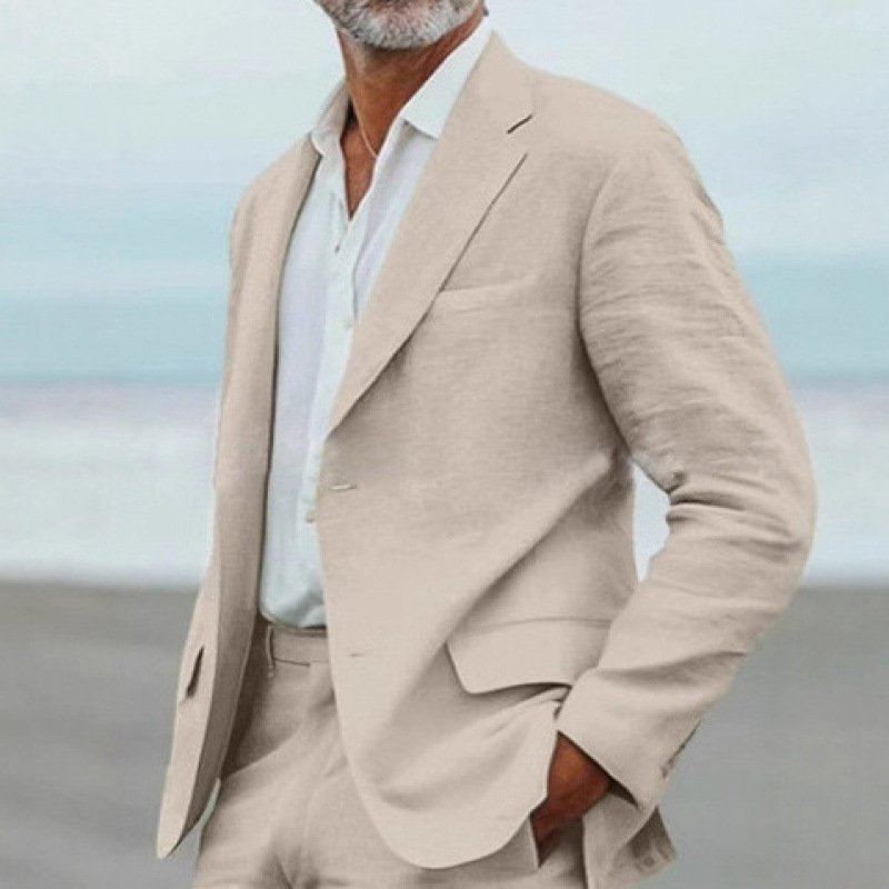 Мъжки slim-fit костюм сет, еднобортен с едно копче, peak lapel, полиестерна смес 30%, едноцветен, летен лек бизнес стил