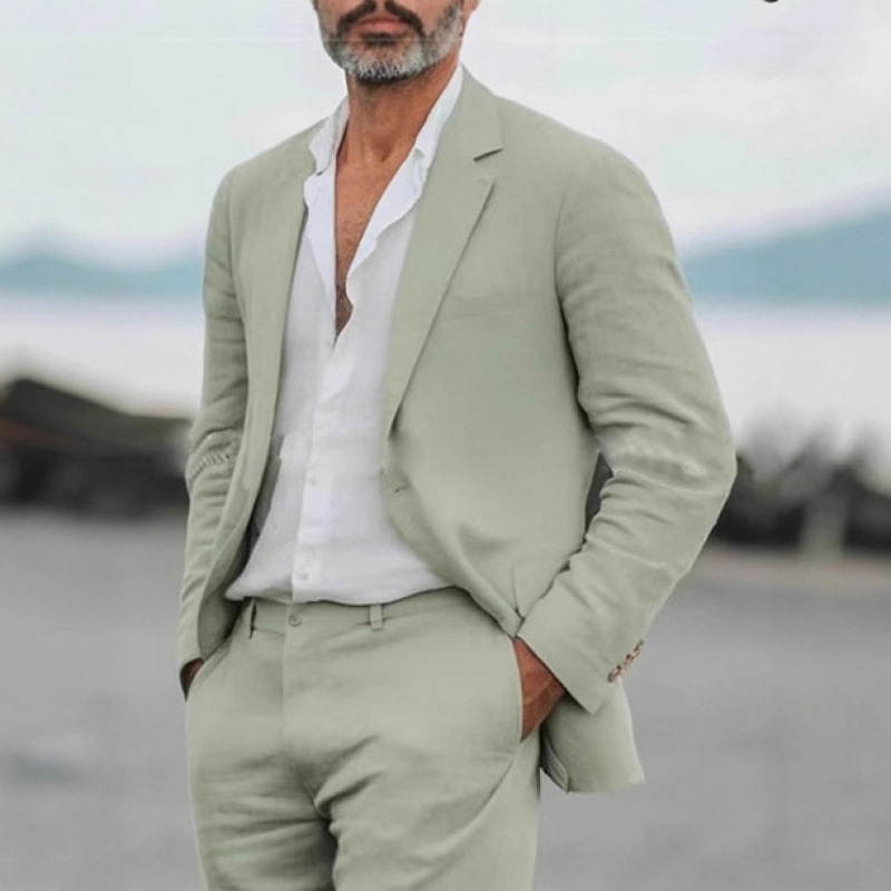 Vyrų slim-fit kostiumo komplektas, vieno mygtuko uždarymas, peak lapel, poliesterio pluošto mišinys 30%, vienos spalvos, vasaros lengvas verslo stilius