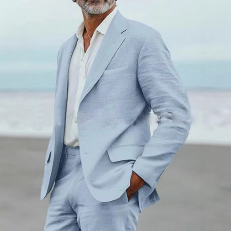 Vyrų slim-fit kostiumo komplektas, vieno mygtuko uždarymas, peak lapel, poliesterio pluošto mišinys 30%, vienos spalvos, vasaros lengvas verslo stilius