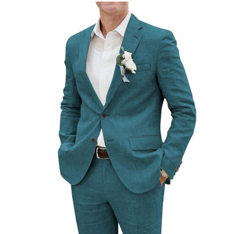 Vyrų slim-fit kostiumo komplektas, vieno mygtuko uždarymas, peak lapel, poliesterio pluošto mišinys 30%, vienos spalvos, vasaros lengvas verslo stilius