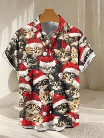Havajų stiliaus marškiniai su Kalėdų Senelio atvaizdu, unisex trumpomis rankovėmis, siauras kirpimas, skaitmeninis spaudas
