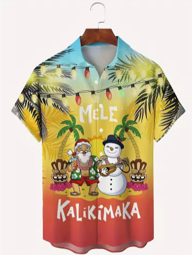 Havajų stiliaus marškiniai su Kalėdų Senelio atvaizdu, unisex trumpomis rankovėmis, siauras kirpimas, skaitmeninis spaudas