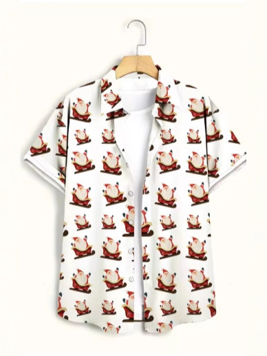 Havajų stiliaus marškiniai su Kalėdų Senelio atvaizdu, unisex trumpomis rankovėmis, siauras kirpimas, skaitmeninis spaudas