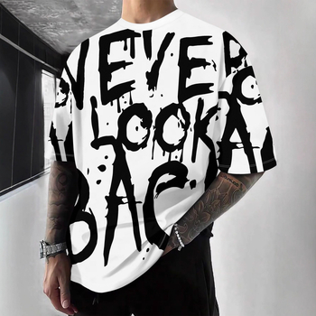 Tricou cu imprimeu geometric de litere, mânecă scurtă, guler rotund, croială lejeră, imprimare digitală, 96% amestec poliester