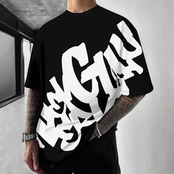 Tricou cu imprimeu geometric de litere, mânecă scurtă, guler rotund, croială lejeră, imprimare digitală, 96% amestec poliester