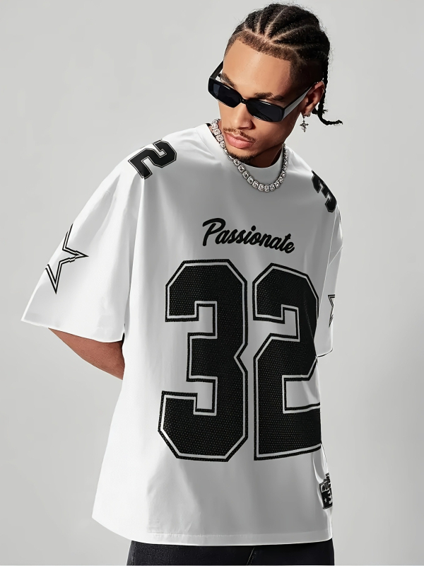 Tricou cu imprimeu geometric de litere, mânecă scurtă, guler rotund, croială lejeră, imprimare digitală, 96% amestec poliester