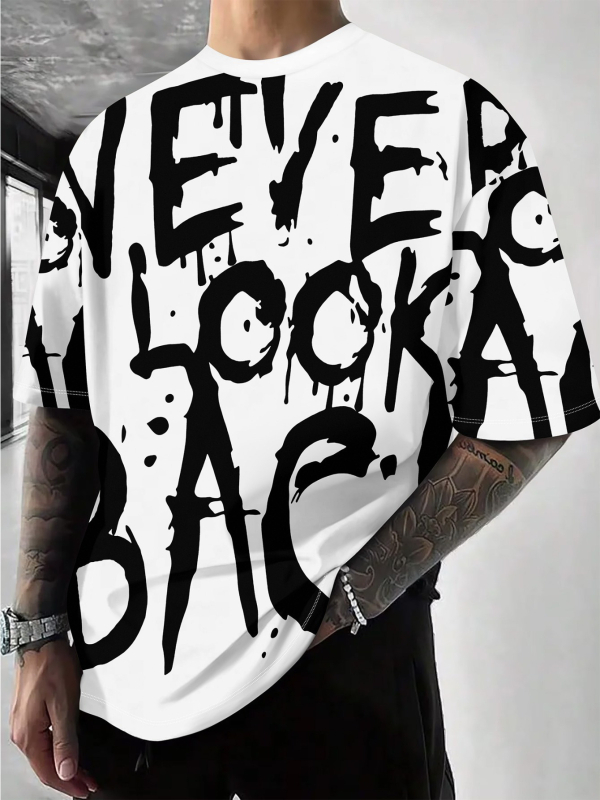 Tricou cu imprimeu geometric de litere, mânecă scurtă, guler rotund, croială lejeră, imprimare digitală, 96% amestec poliester