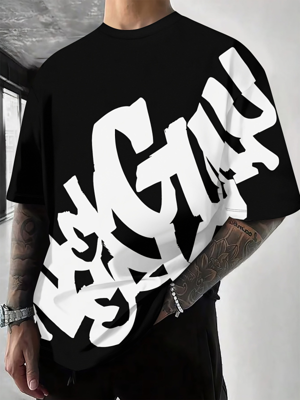 Tricou cu imprimeu geometric de litere, mânecă scurtă, guler rotund, croială lejeră, imprimare digitală, 96% amestec poliester