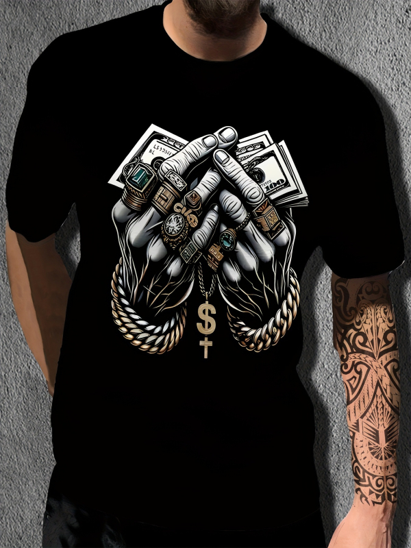 Tricou cu imprimeu geometric de litere, mânecă scurtă, guler rotund, croială lejeră, imprimare digitală, 96% amestec poliester