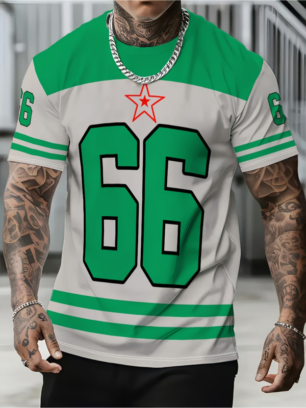 Tricou cu imprimeu geometric de litere, mânecă scurtă, guler rotund, croială lejeră, imprimare digitală, 96% amestec poliester