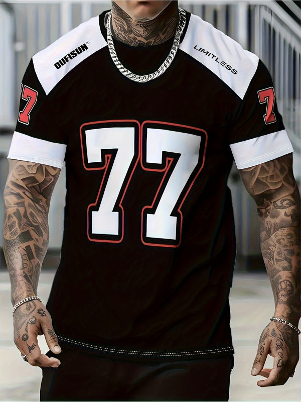 Tricou cu imprimeu geometric de litere, mânecă scurtă, guler rotund, croială lejeră, imprimare digitală, 96% amestec poliester