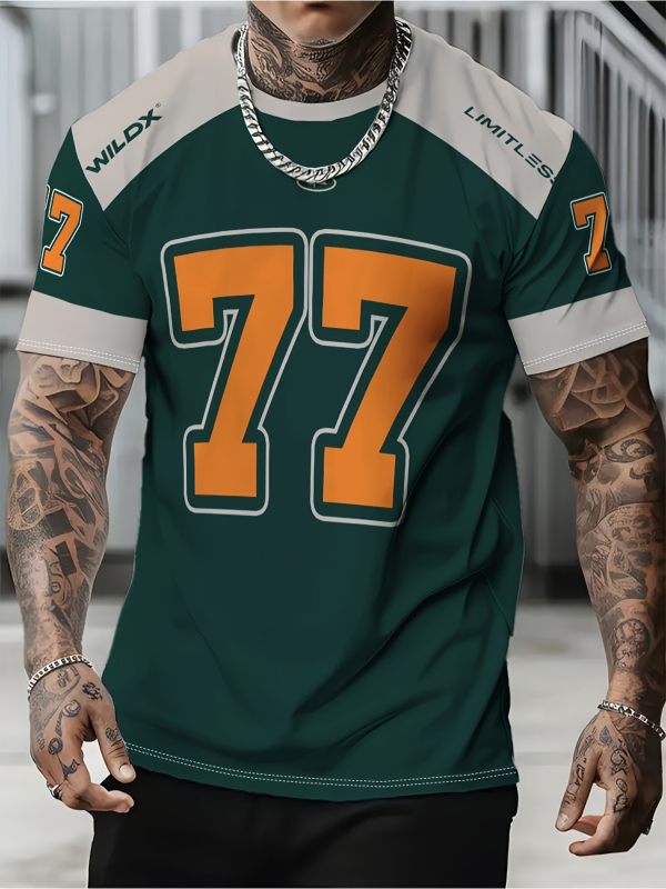 Tricou cu imprimeu geometric de litere, mânecă scurtă, guler rotund, croială lejeră, imprimare digitală, 96% amestec poliester