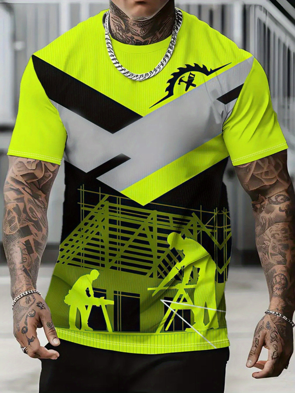 Tricou cu imprimeu geometric de litere, mânecă scurtă, guler rotund, croială lejeră, imprimare digitală, 96% amestec poliester