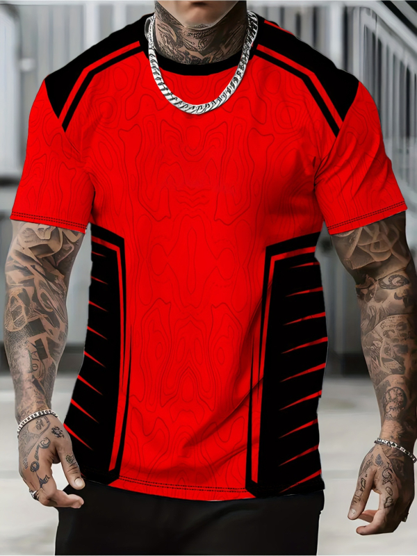 Tricou cu imprimeu geometric de litere, mânecă scurtă, guler rotund, croială lejeră, imprimare digitală, 96% amestec poliester