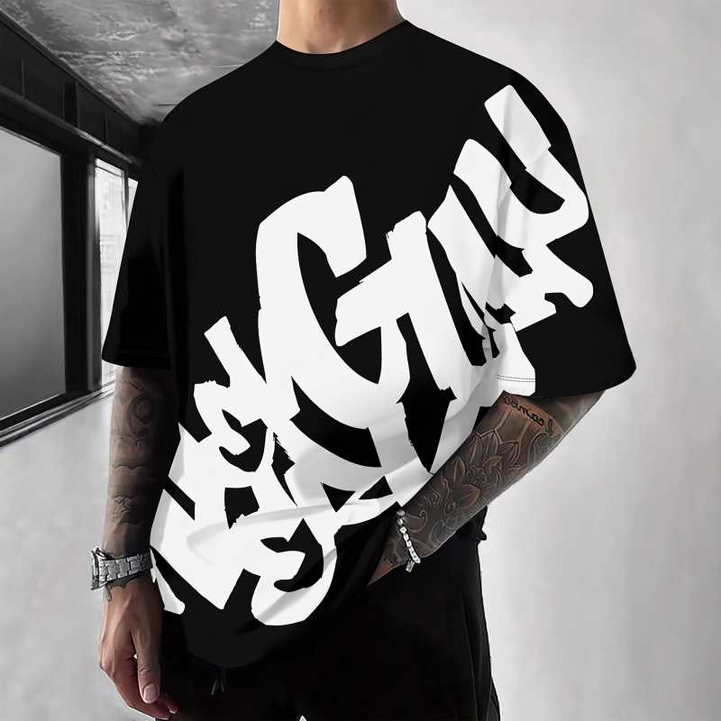 Tricou cu imprimeu geometric de litere, mânecă scurtă, guler rotund, croială lejeră, imprimare digitală, 96% amestec poliester