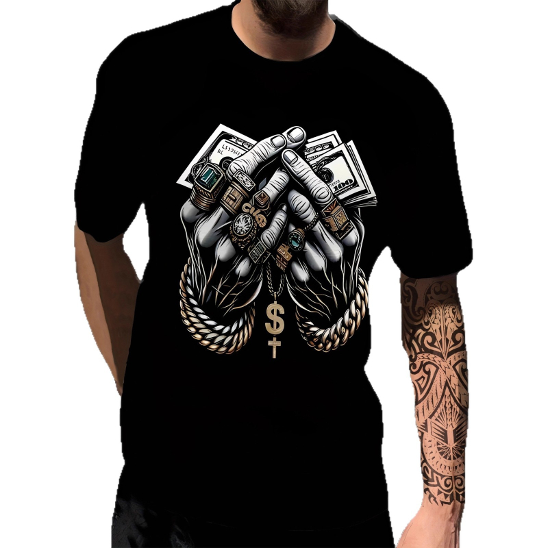 Tricou cu imprimeu geometric de litere, mânecă scurtă, guler rotund, croială lejeră, imprimare digitală, 96% amestec poliester