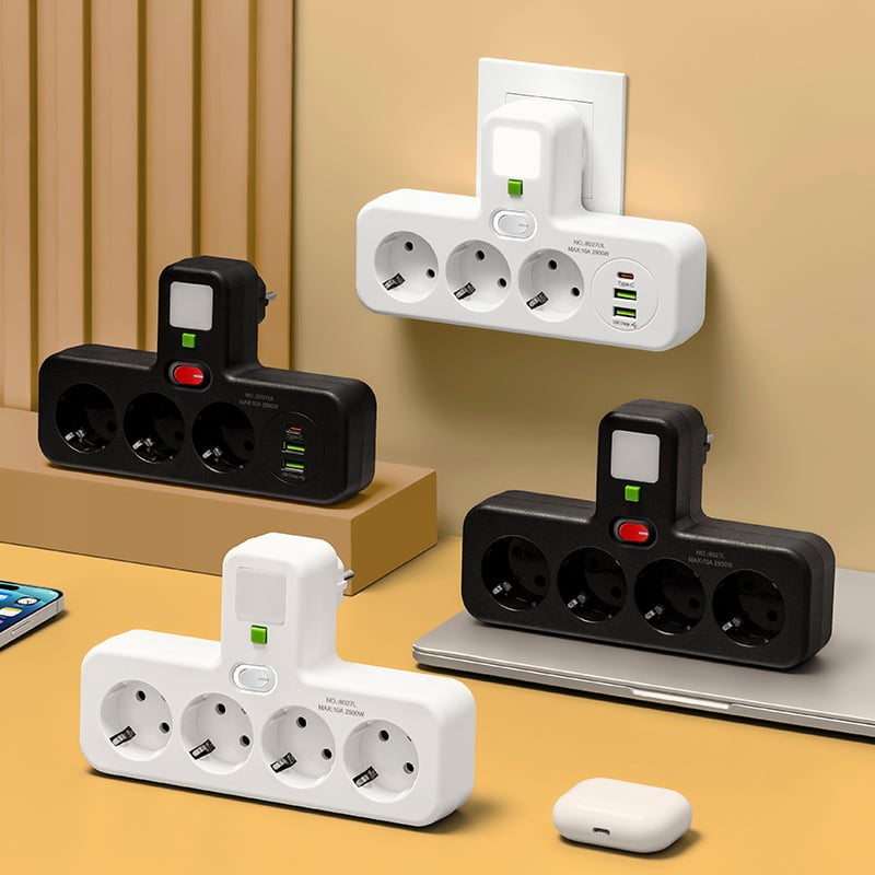Europos kištukų adapteris su keliomis kištukinėmis, sieninė lizdė, 10A/2500W, nacionalinis standartas, pagrindinis valdymas