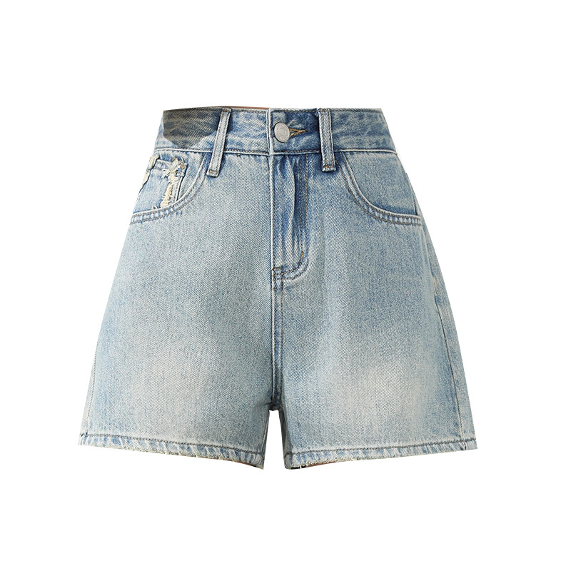 Ženski šorts od denima s visokim strukom, ležerni A‑oblik kroja, poderani rubovi, stražnja džep, denim 70–80% pamuka