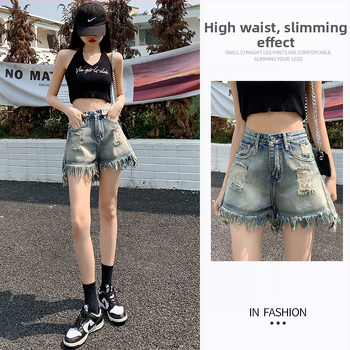 Дънкови къси панталони за жени, висока талия, широки крачоли, ретро стил Хонгконг, деним с памук-полиестер смес.