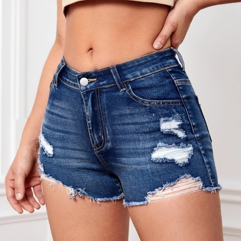 Дамски дънкови къси панталони с разкъсан ръб, висока талия, деним, 90–95% памук, микроеластичност