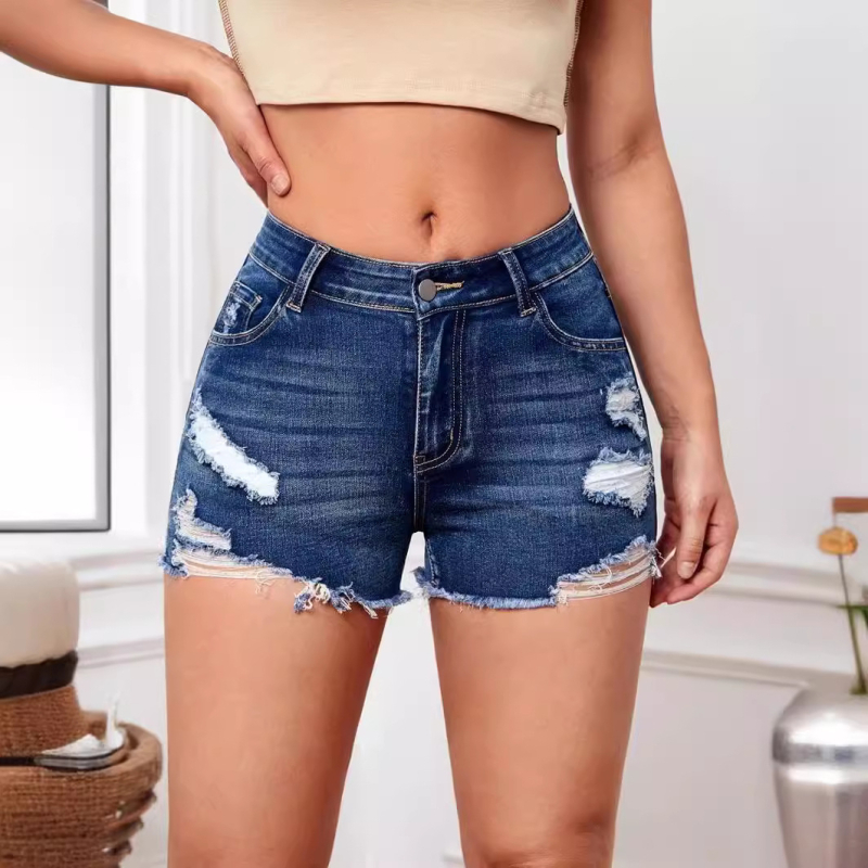 Дамски дънкови къси панталони с разкъсан ръб, висока талия, деним, 90–95% памук, микроеластичност