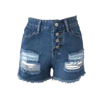 Ženske denim kratke hlače s rupicama i resicama, visokim strukom, straight kroj, srednja gustoća materijala, udio glavnog materijala 70–80%