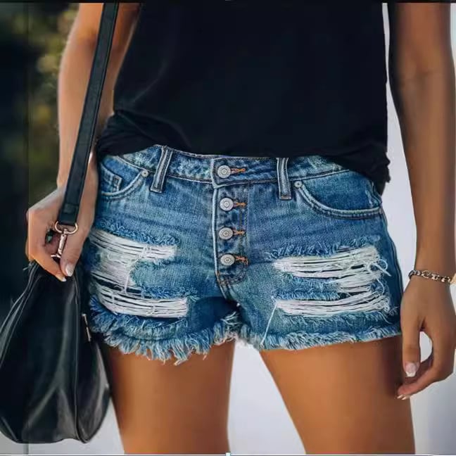 Ženske denim kratke hlače s rupicama i resicama, visokim strukom, straight kroj, srednja gustoća materijala, udio glavnog materijala 70–80%