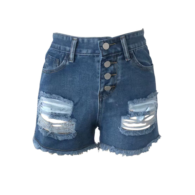 Ženske denim kratke hlače s rupicama i resicama, visokim strukom, straight kroj, srednja gustoća materijala, udio glavnog materijala 70–80%