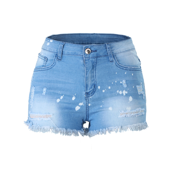 Ženske denim kratke hlače s resicama, izblijedjeli detalji, srednji struk, srednje pranje, ulični hipster stil