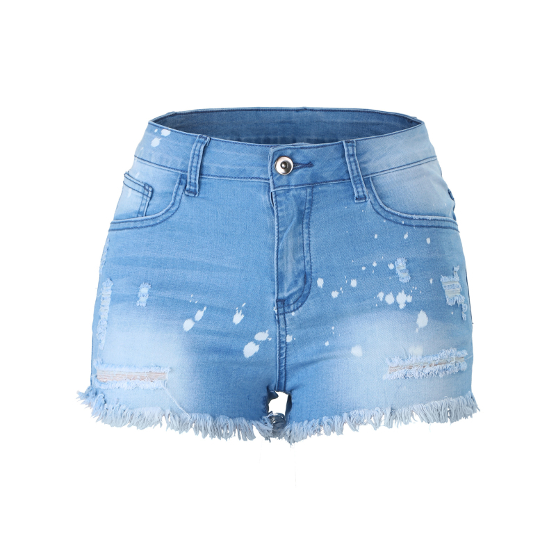 Ženske denim kratke hlače s resicama, izblijedjeli detalji, srednji struk, srednje pranje, ulični hipster stil