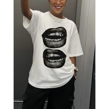 Μπλουζάκι από βαμβάκι με 3D εκτύπωση, χαλαρή γραμμή, κοντά μανίκια, στρογγυλή λαιμόκοψη, μεσαίου μήκους, ιαπωνικό και κορεατικό casual στυλ