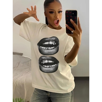 Μπλουζάκι από βαμβάκι με 3D εκτύπωση, χαλαρή γραμμή, κοντά μανίκια, στρογγυλή λαιμόκοψη, μεσαίου μήκους, ιαπωνικό και κορεατικό casual στυλ