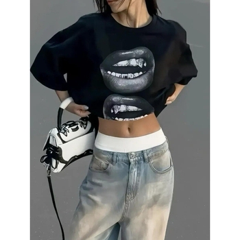 Μπλουζάκι από βαμβάκι με 3D εκτύπωση, χαλαρή γραμμή, κοντά μανίκια, στρογγυλή λαιμόκοψη, μεσαίου μήκους, ιαπωνικό και κορεατικό casual στυλ