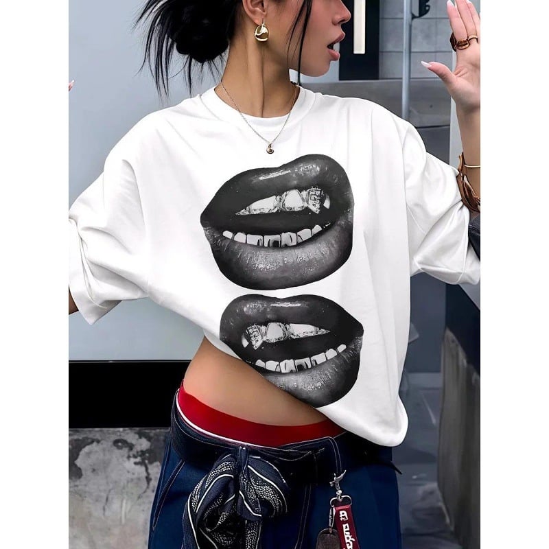 Pamučna majica s 3D printom, slobodan kroj, kratki rukavi, okrugli izrez, srednja duljina, japansko-korejski casual stil