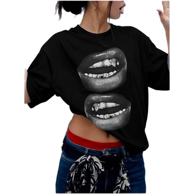 Pamučna majica s 3D printom, slobodan kroj, kratki rukavi, okrugli izrez, srednja duljina, japansko-korejski casual stil