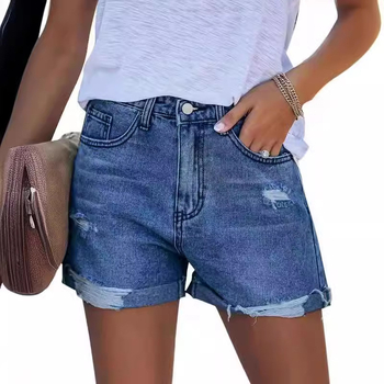 Șort din denim cu găuri, croială dreaptă, talie medie, grosime medie, conținut principal material 70–80%