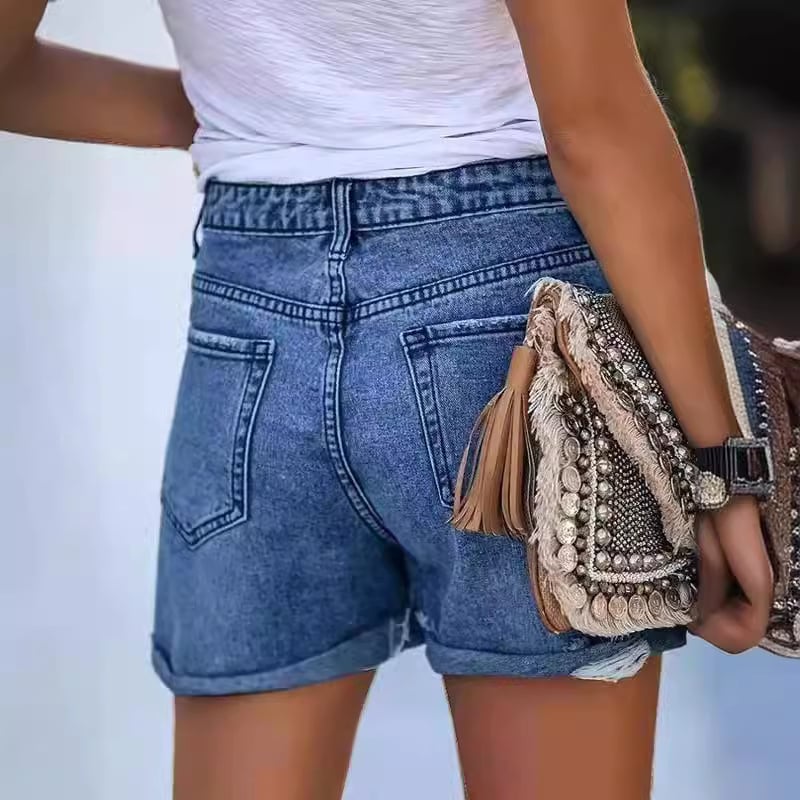 Șort din denim cu găuri, croială dreaptă, talie medie, grosime medie, conținut principal material 70–80%