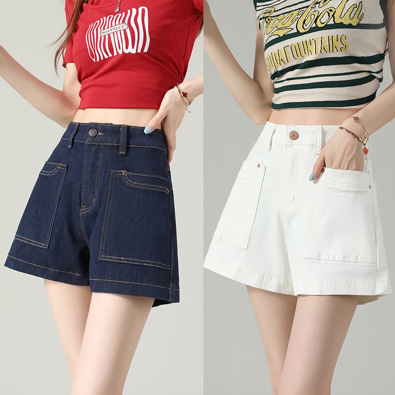 Ženski denim šorts, visok pojas, široka silueta, dužina tri četvrtine, 70–80% pamuk