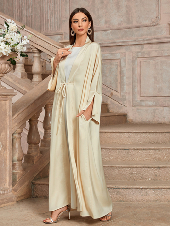 Μακρύ φόρεμα σε στυλ cardigan με κορδόνι, μανίκια σε σχήμα φτερού, πολυεστέρας, άνοιξη 2025