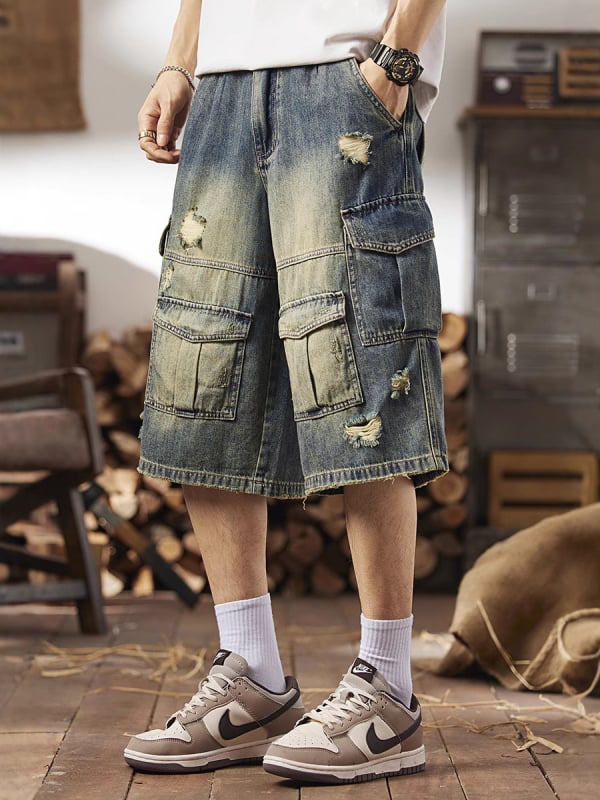 Férfi denim cargo rövidnadrág nagy zsebekkel, pamutból készült, középhosszú szabás, egyenes vonalú, utcai stílus
