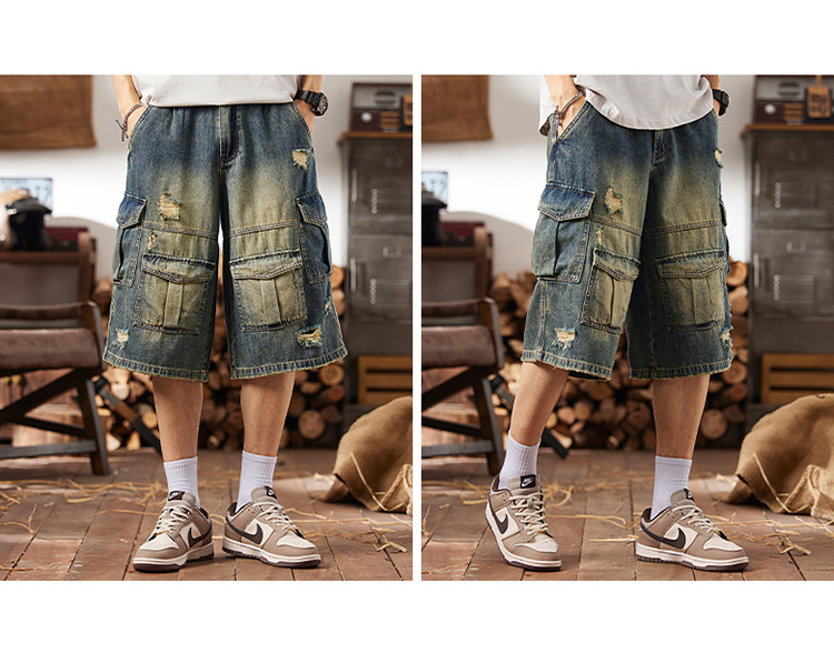 Férfi denim cargo rövidnadrág nagy zsebekkel, pamutból készült, középhosszú szabás, egyenes vonalú, utcai stílus