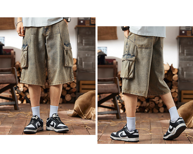 Férfi denim cargo rövidnadrág nagy zsebekkel, pamutból készült, középhosszú szabás, egyenes vonalú, utcai stílus