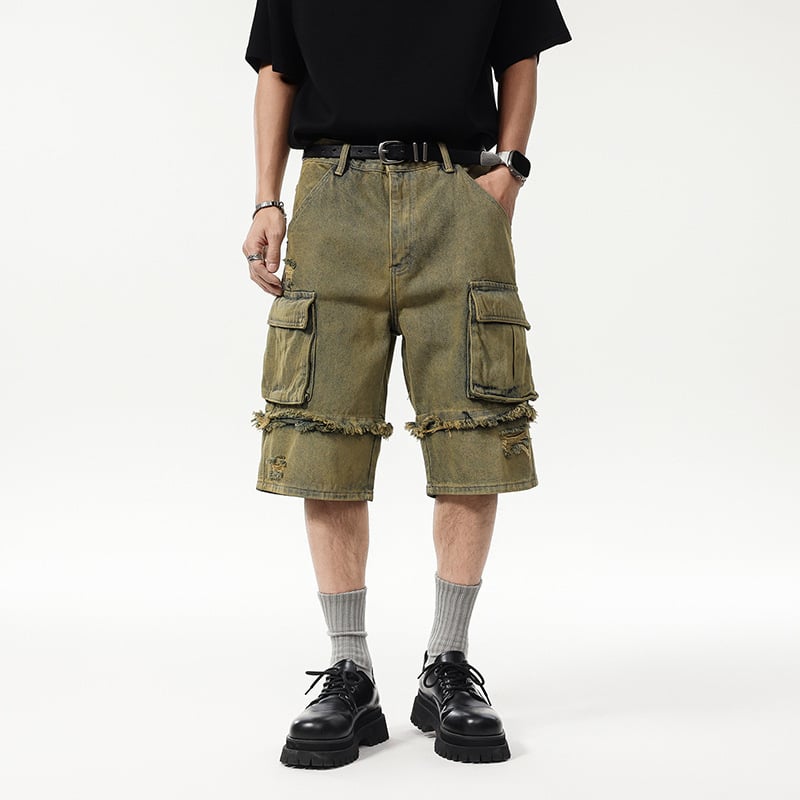 Férfi denim cargo rövidnadrág nagy zsebekkel, pamutból készült, középhosszú szabás, egyenes vonalú, utcai stílus