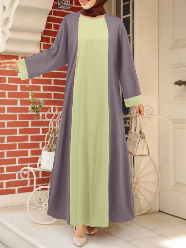 Rochie lungă cu mâneci lungi, guler rotund, croială lejeră, poliester, design patchwork