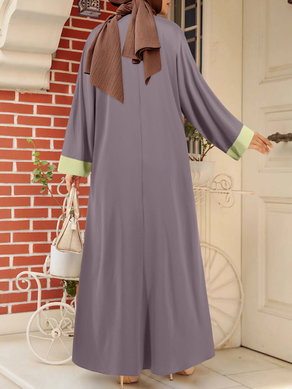 Rochie lungă cu mâneci lungi, guler rotund, croială lejeră, poliester, design patchwork